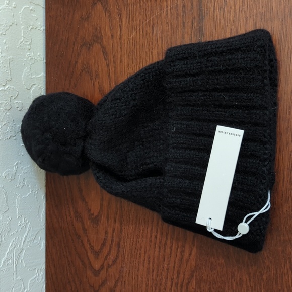 Rebecca Taylor Black Stitch Pom-Pom Beanie One Size - Picture 3 of 6